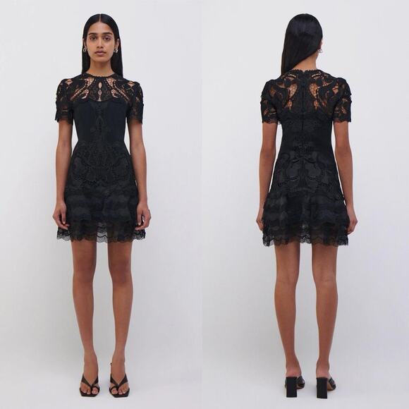 Jonathan Simkhai Black Paislee Lace Layered Handkerchief Hem Mini Dress size 12 - Picture 2 of 9
